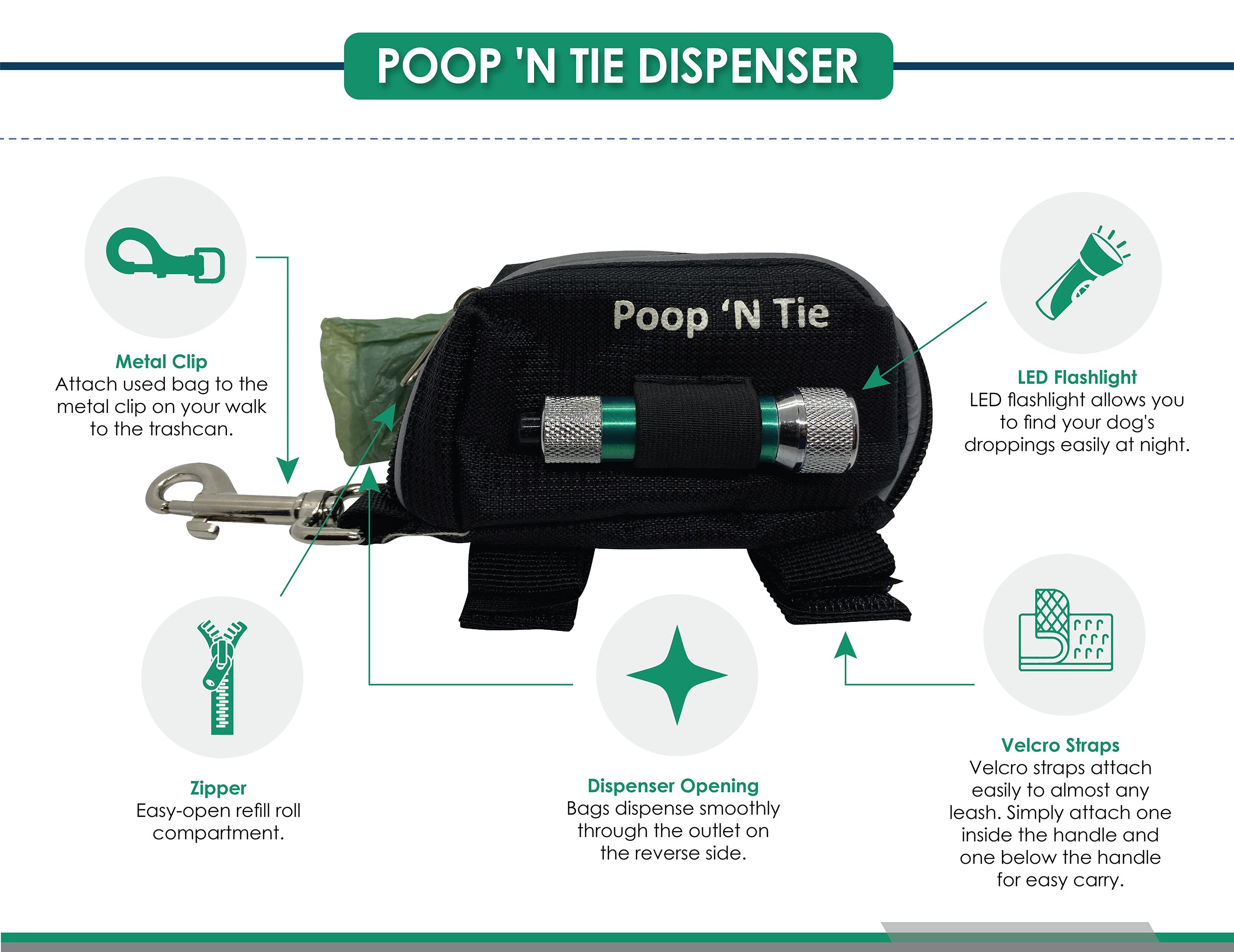 Dog Poop Bag Dispenser with Built-in LED Flashlight and Metal Clip